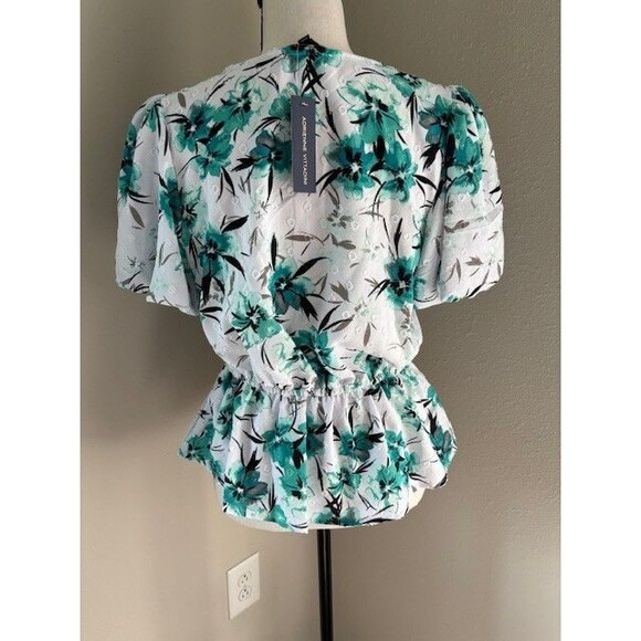 Adrienne Vittadini White Black and Green Floral Top with rouche sleeves Sz S - Picture 2 of 5